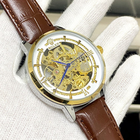 Automatic Skeleton Rolex Watch Leather Belt
